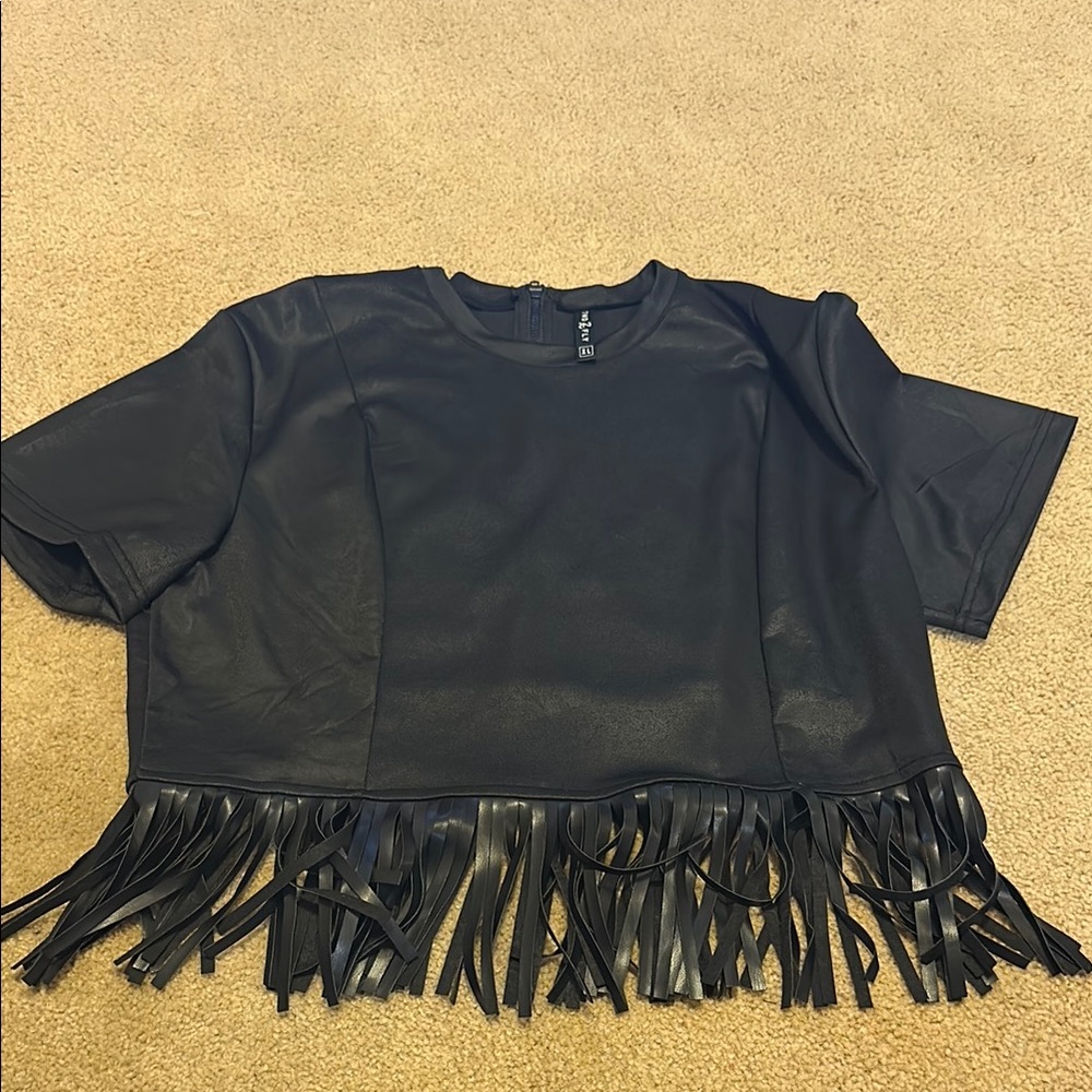 Black Fringe Faux Leather Top